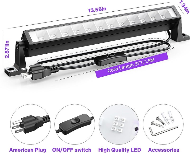 Atfoyer Store شريط ضوء أسود LED بقوة 40 واط لحفلة التألق، ضوء أسود مع قابس ومفتاح، يضيء مساحة 484 قدم مربع، أضواء تألق للهالوين، طلاء جسم فلوريسنت، إضاءة مسرحية - Image 5